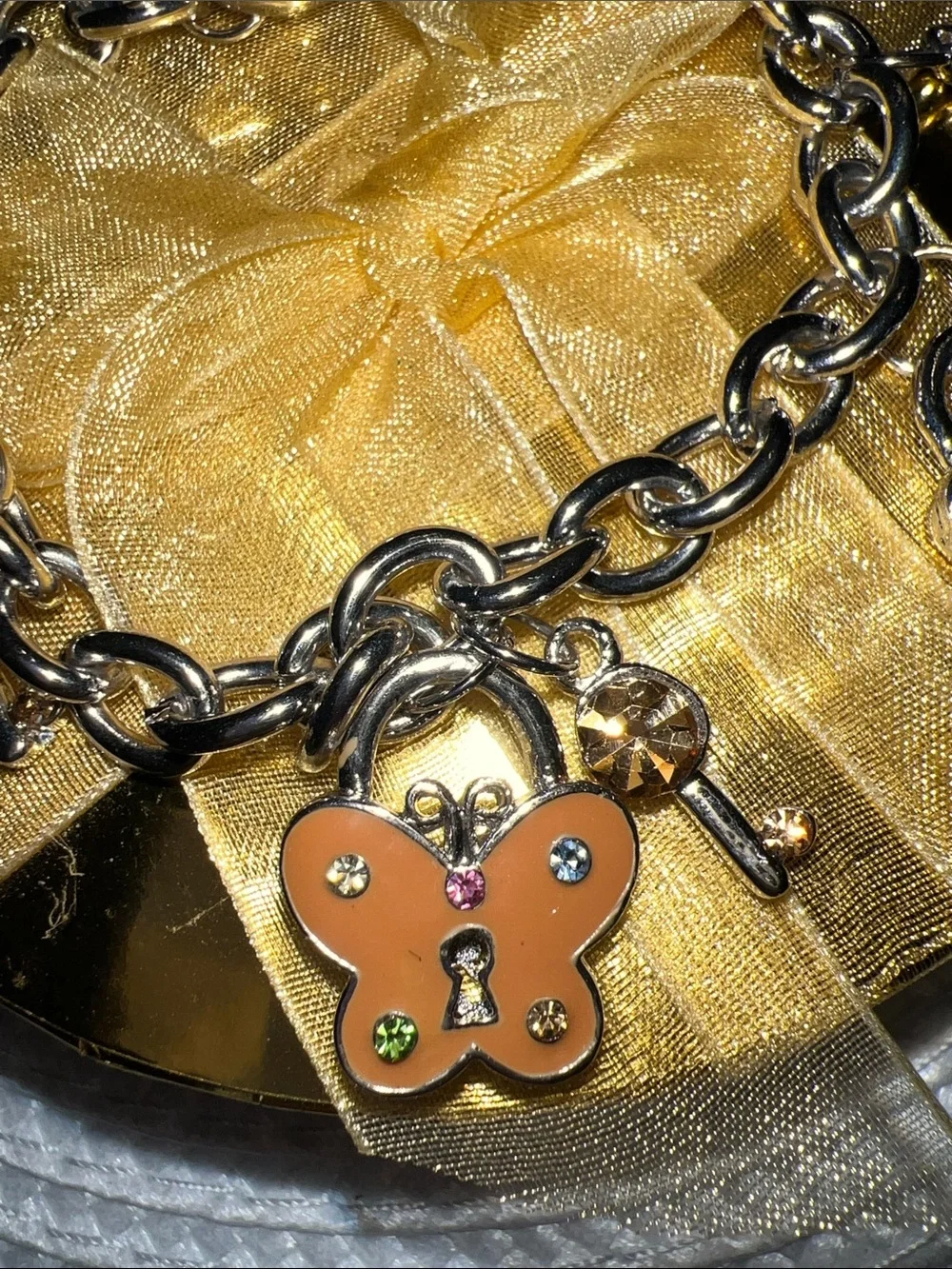 Gold Chain Bracelet with Pink-Orange Butterfly Charms